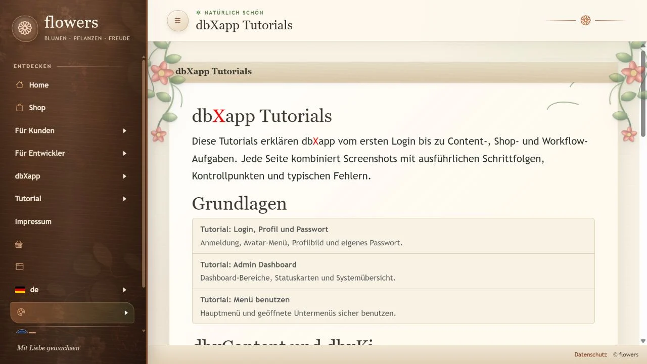 dbxapp Tutorials im Flowers-Design mit dunklem Seitenmenü und floraler Gestaltung