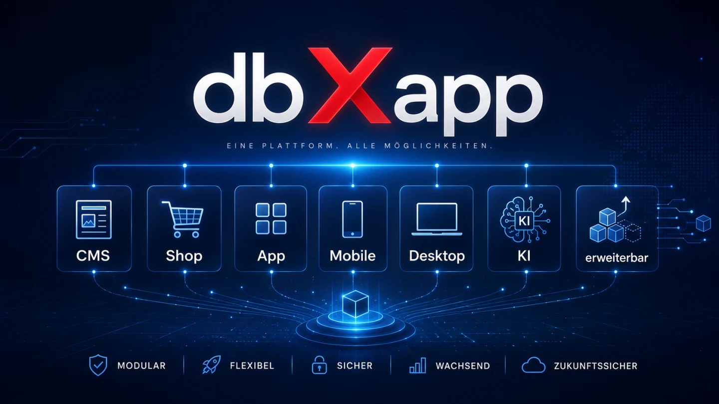 dbXapp verbindet CMS, Shop, Apps, Mobile, Desktop und KI in einer erweiterbaren Plattform