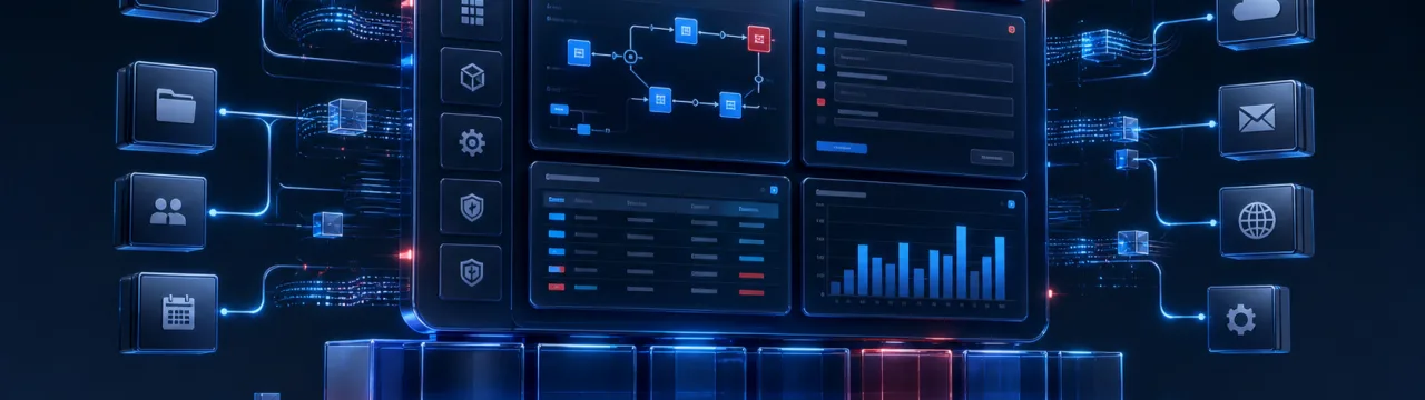 Illustration einer modularen Geschäftsanwendung mit Dashboard, Workflows und verbundenen Diensten