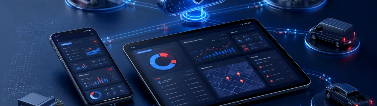 Illustration einer mobilen Arbeitsumgebung mit Smartphone, Tablet, Cloud und sicheren Live-Daten