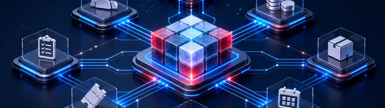 Illustration einer modularen Plattform mit Verbindungen zu CRM, ERP und weiteren Geschäftsanwendungen