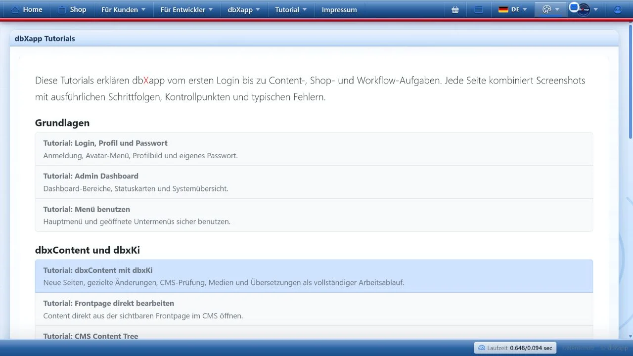 dbXapp Tutorials im klassischen blauen dbXapp-Design mit horizontalem Menü