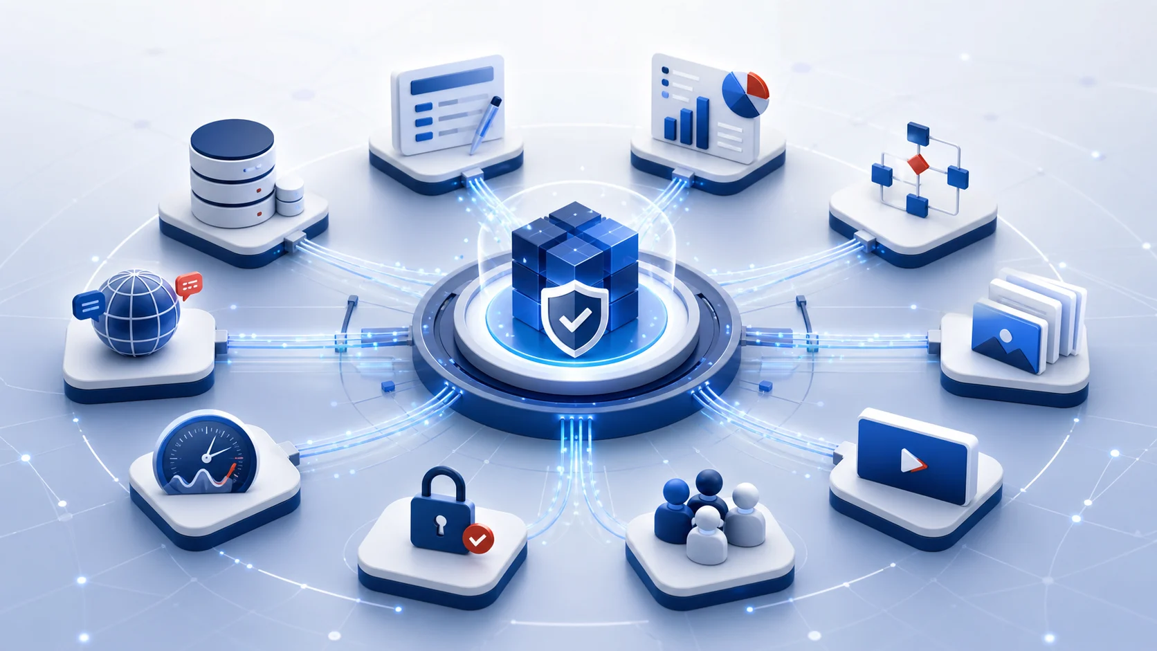 Grafische Darstellung des integrierten DBX App Plattformkerns mit Datenbank, Formularen, Reports, Workflow, Medien, Benutzerrechten und Performance-Messung