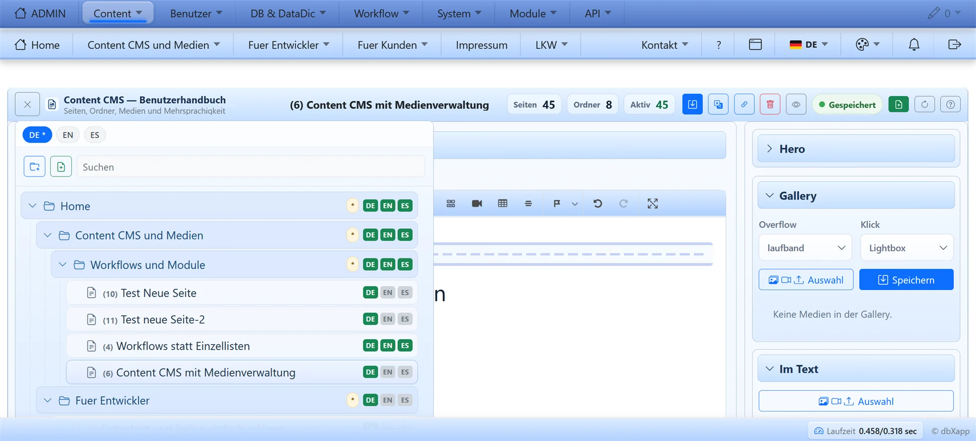 Reale DBX App CMS-Oberfläche mit Contentbaum, Sprachversionen, Inhaltseditor und zentraler Medienauswahl