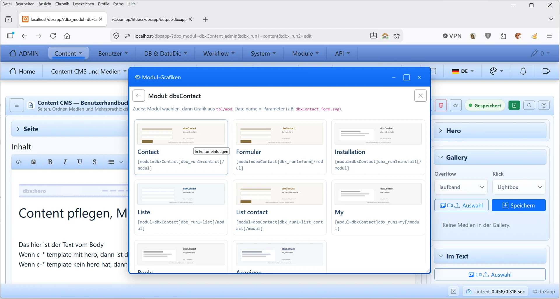 Visueller Modulkatalog im DBX App CMS zur Auswahl und Einbindung von Formularen, Listen und Fachfunktionen in Contentseiten