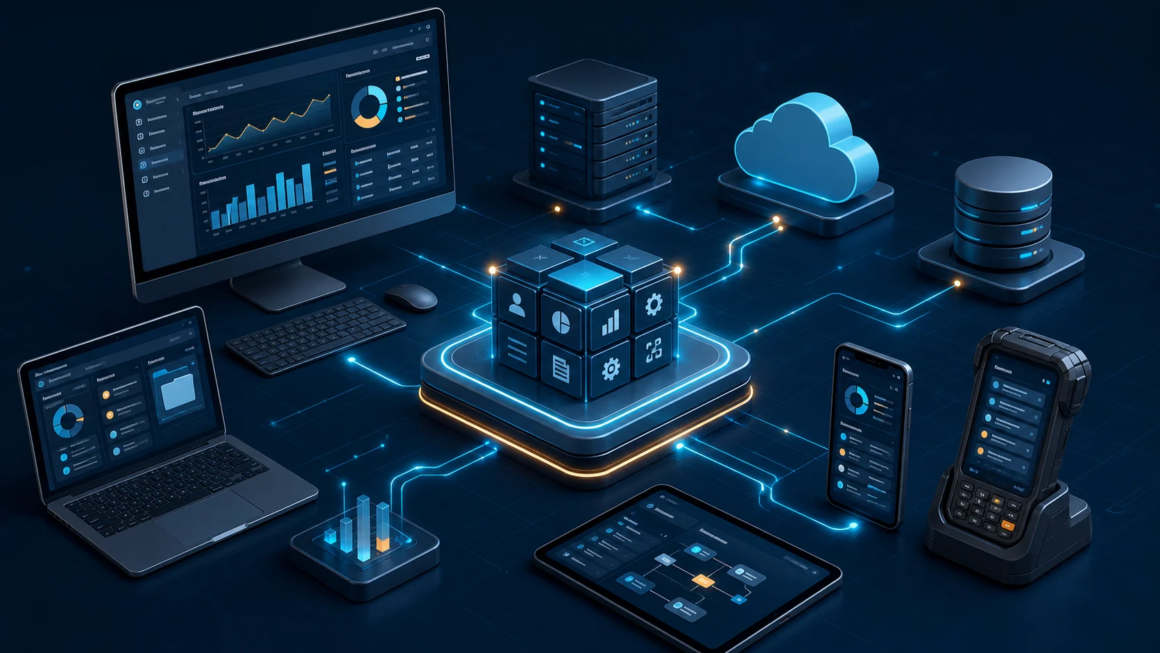 Illustration einer zentralen DBX App Plattform auf Desktop, Notebook, Tablet, Smartphone und industriellem Handgerät