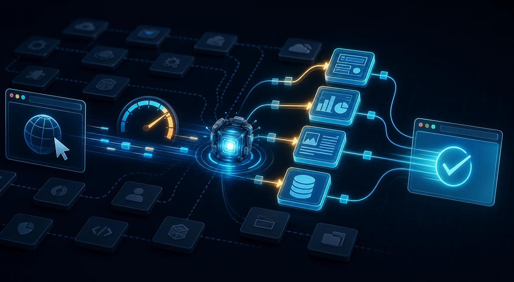 Technische Illustration des kompakten Core JS, der nur die für eine Seite benötigten Module und Funktionen lädt