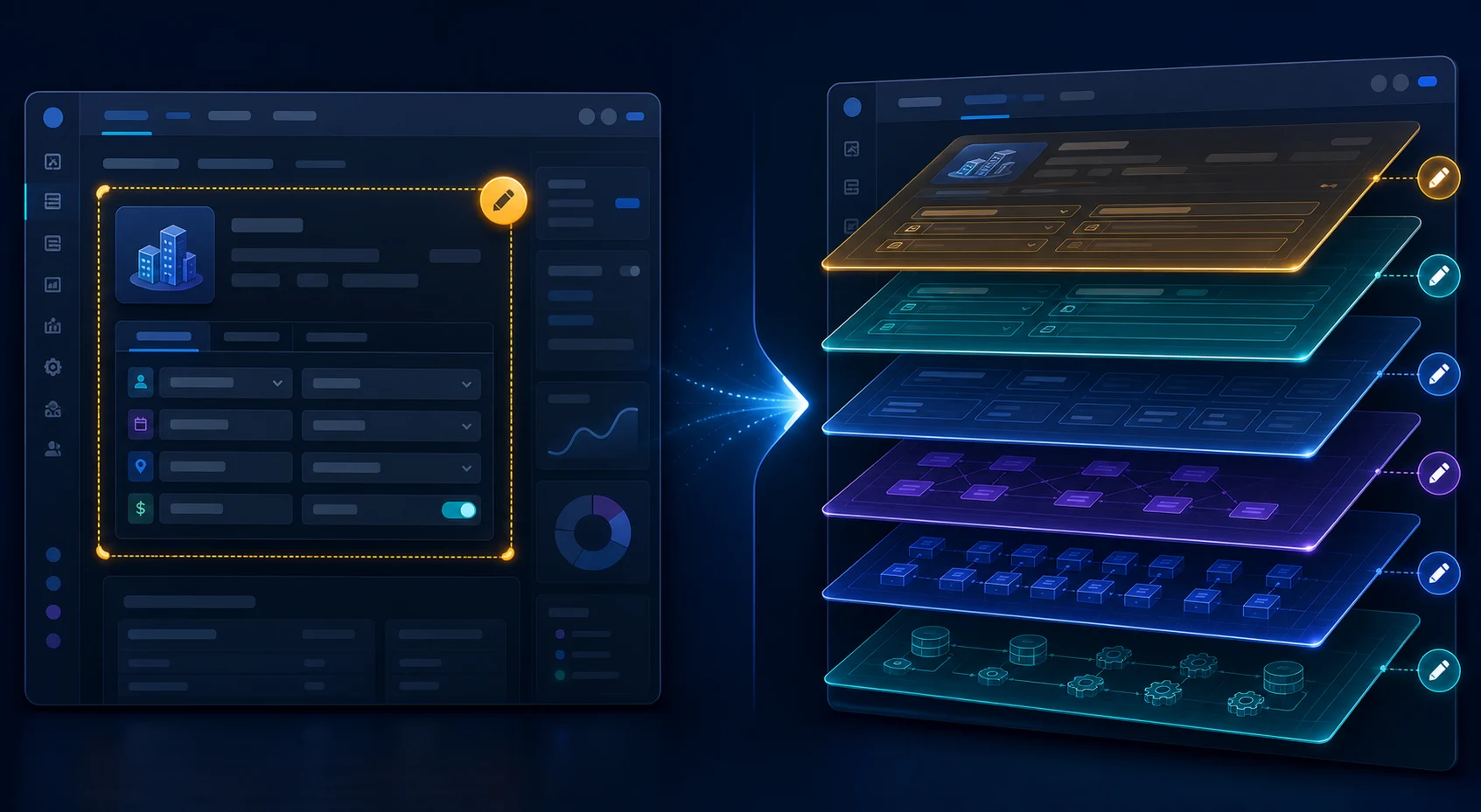 Illustration des fokussierten Template-Editors und der vollständigen technischen Ebenenansicht der DBX App