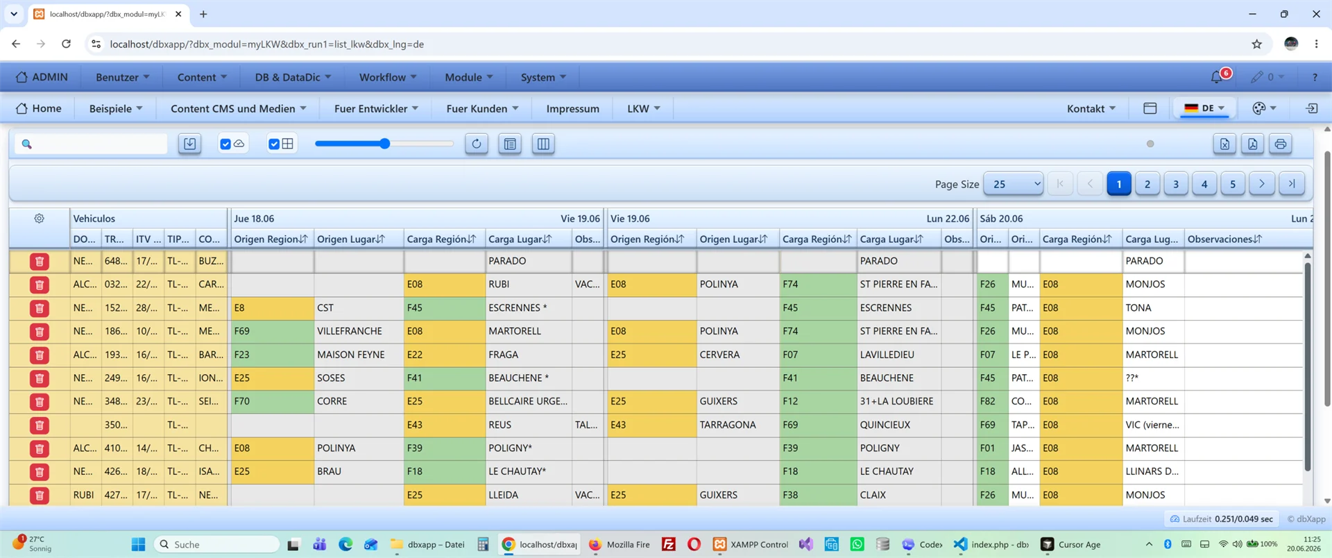 dbxApp Fachanwendung mit Tabulator Grid und laufender Dispositionsplanung